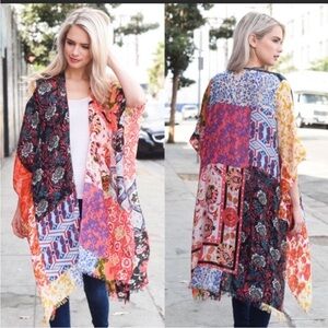 Raj Boho 100% Cotton Colorful Flowy Floral Brocade Print Kimono One Size